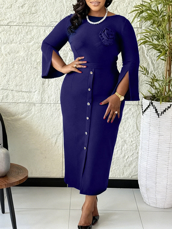 Solid Floral Button Dress