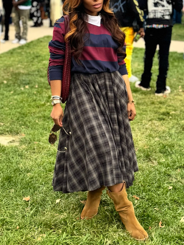 Stripe Polo Top & Plaid Skirt Set
