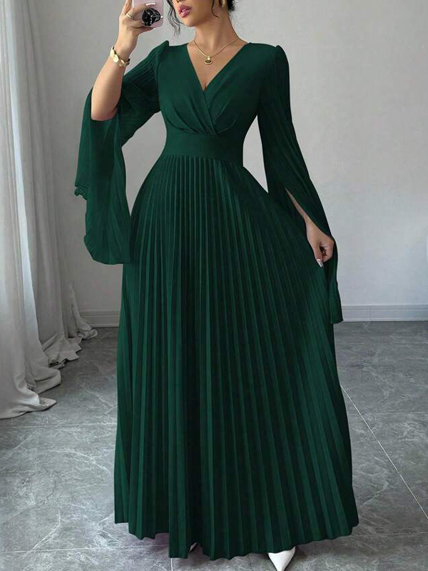 V-Neck Pleated Maxi Dress