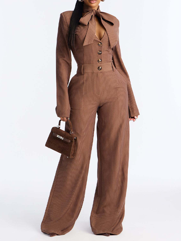 Tied-Neck Button-Front Jumpsuit
