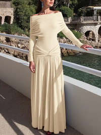 Off-Shoulder Pleated Maxi Dress