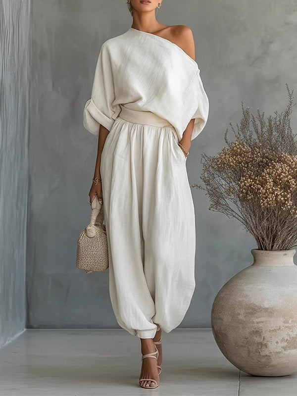 Solid Boat-Neck Top & Pants Set