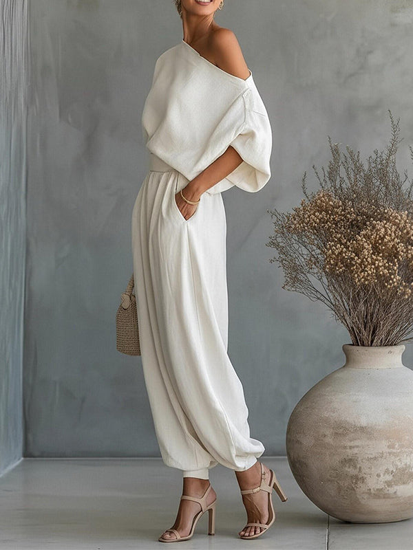 Solid Boat-Neck Top & Pants Set