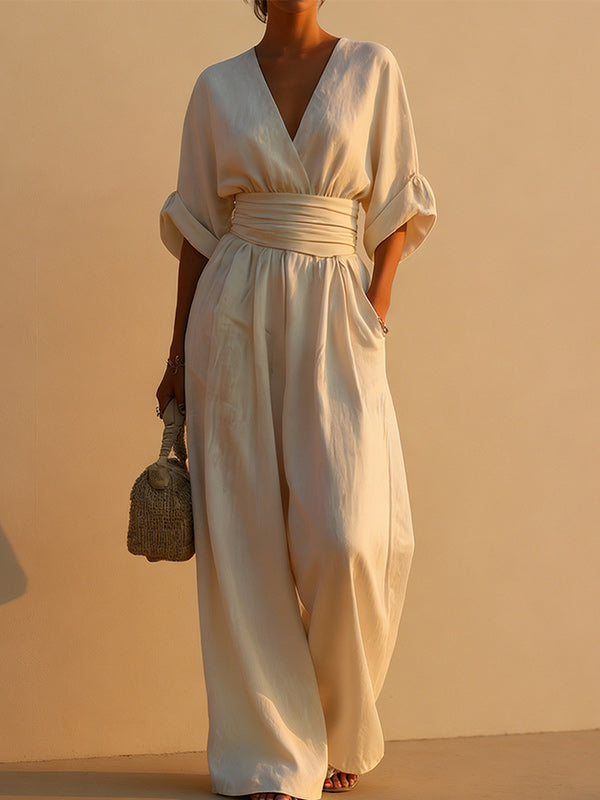 Solid V-Neck Wide-Leg Jumpsuit