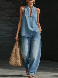 Sleeveless Denim Pants Set