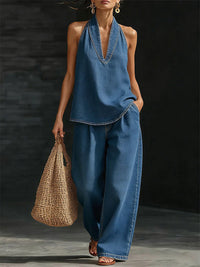 Sleeveless Denim Pants Set