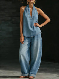 Sleeveless Denim Pants Set