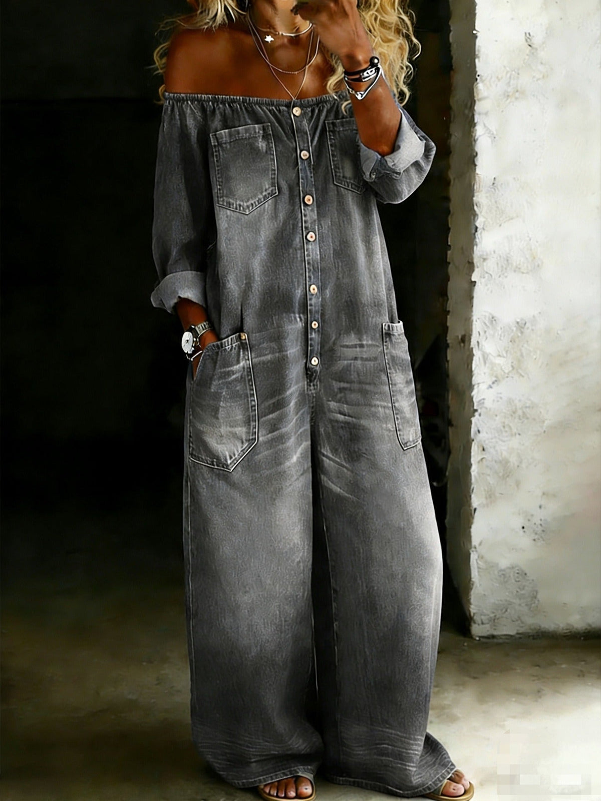 Off-Shoulder Denim Jumpsuit