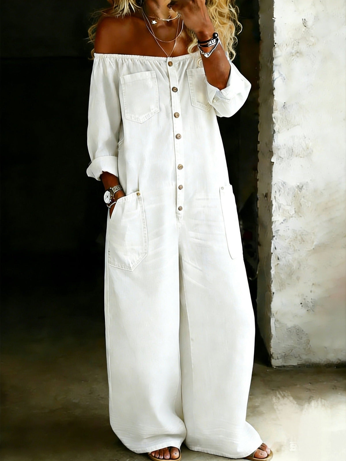 Off-Shoulder Denim Jumpsuit