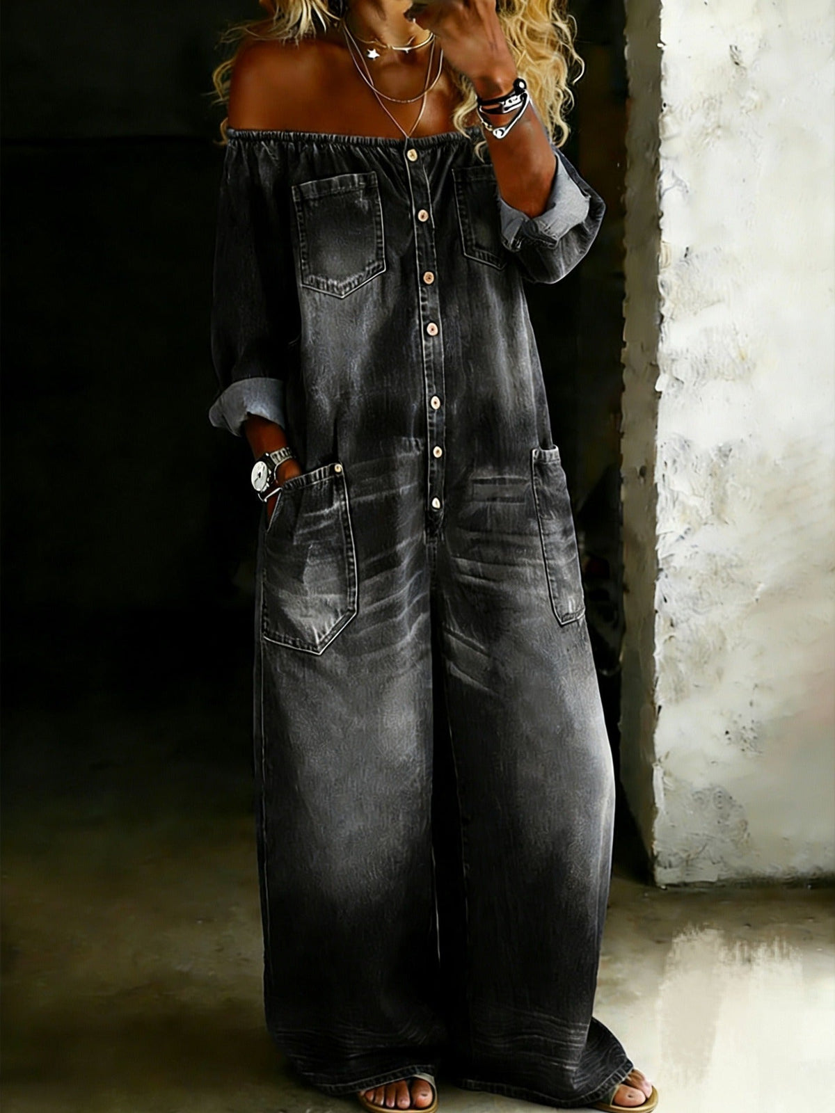 Off-Shoulder Denim Jumpsuit