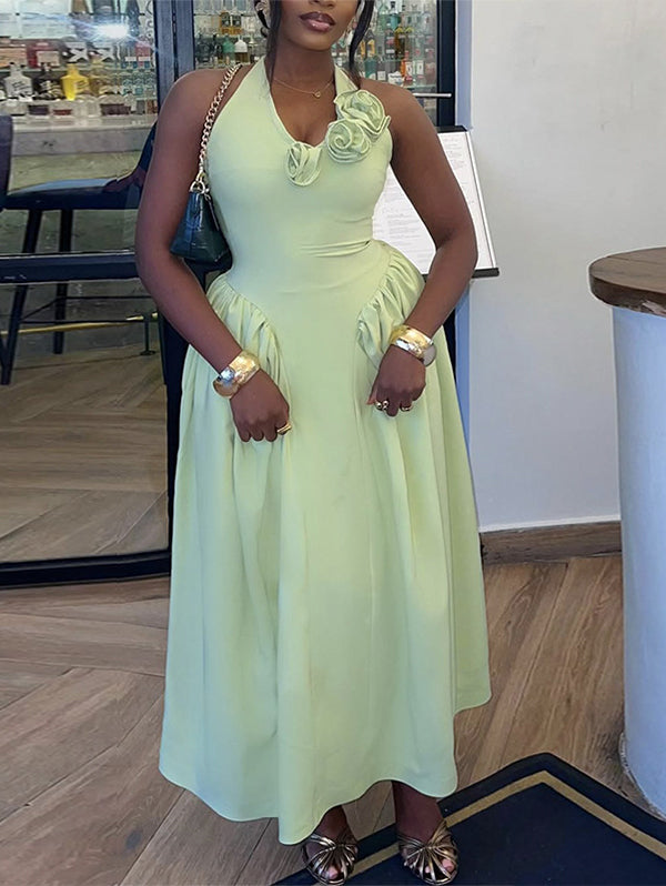 Solid Floral Halter Dress