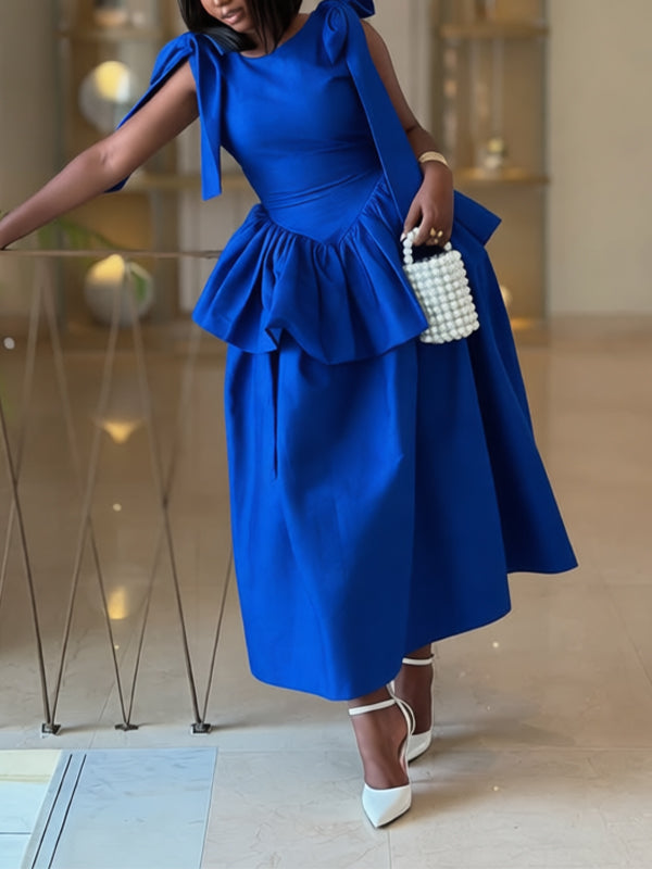 Solid Tie-Shoulder Ruffle Dress