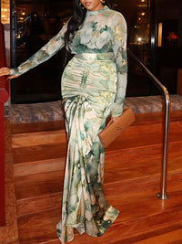 Printed Top & Ruched Skirt Set