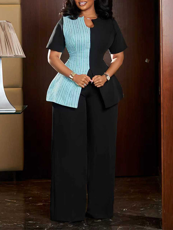 Two-Tone Slit Top & Pants Set