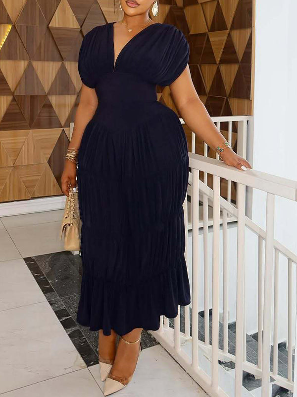 Solid V-Neck Ruched Dress