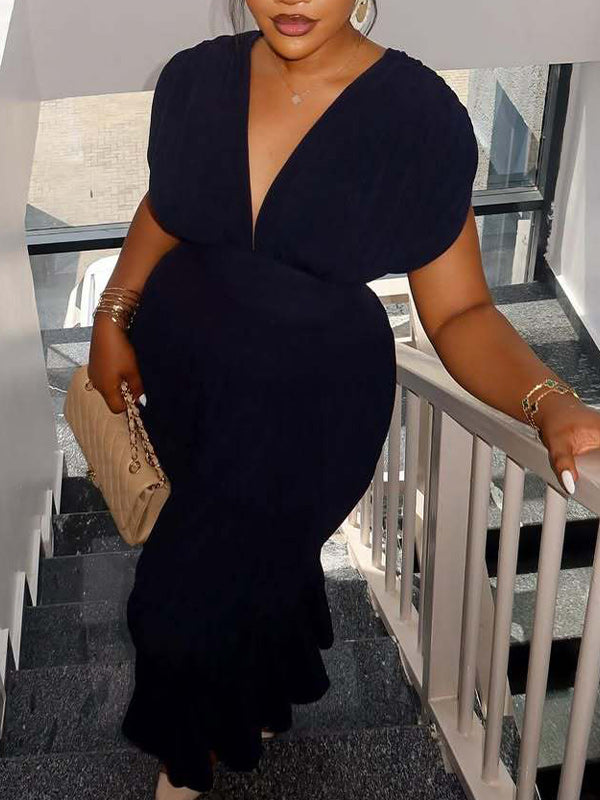 Solid V-Neck Ruched Dress