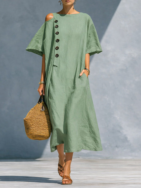 Button Cold-Shoulder Dress