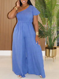 One-Shoulder Smocked Wide-Leg Jumpsuit