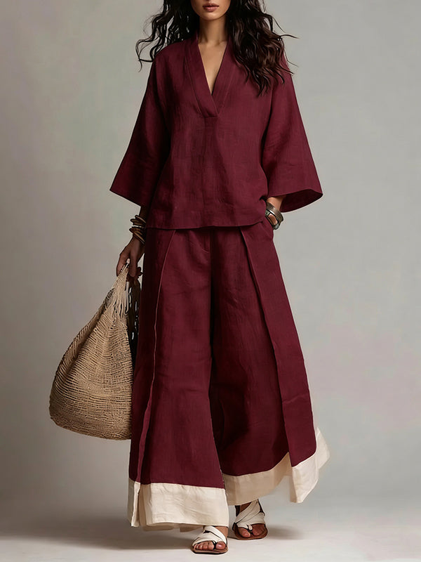 V-Neck Top & Wide-Leg Pants Set