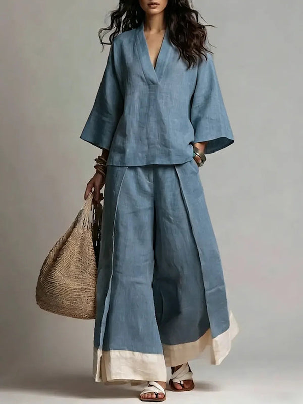 V-Neck Top & Wide-Leg Pants Set