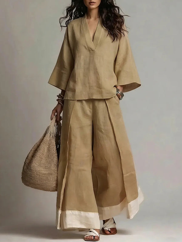 V-Neck Top & Wide-Leg Pants Set