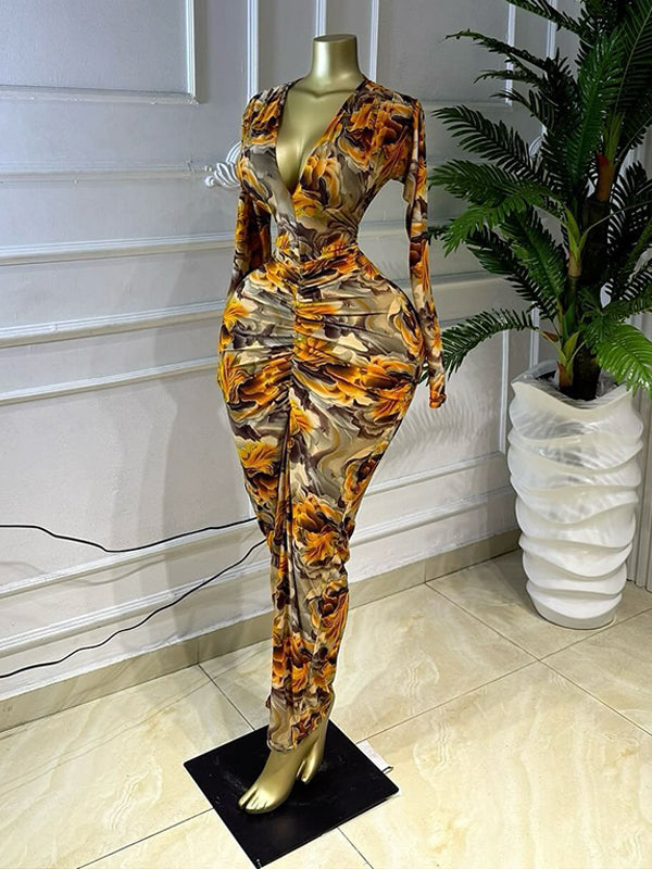 Printed V-Neck Ruched Dress