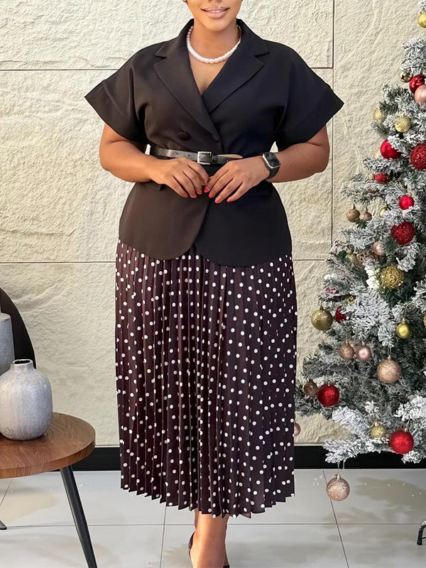 Belted Blazer & Dot Pleated Skirt Set
