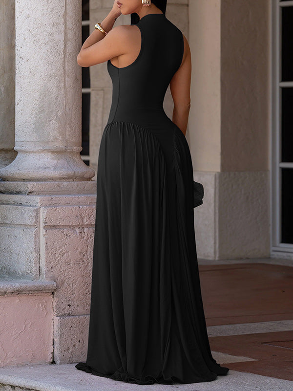 Solid Pleated Sleeveless Dress