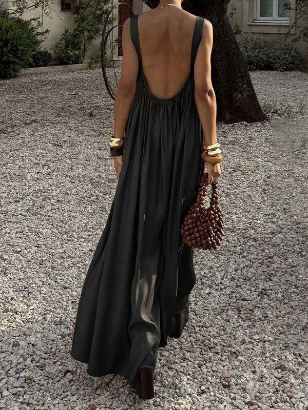 Solid Pleated Sleeveless Maxi Dress