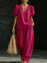 Puff-Sleeve V-Neck Top & Pants Set