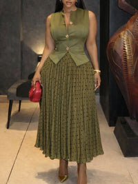 Button-Front Vest & Dot Pleated Skirt Set