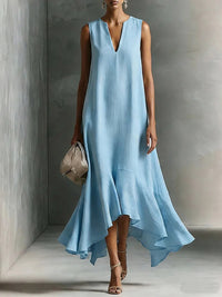V-Neck Asymmetric-Hem Sleeveless Dress