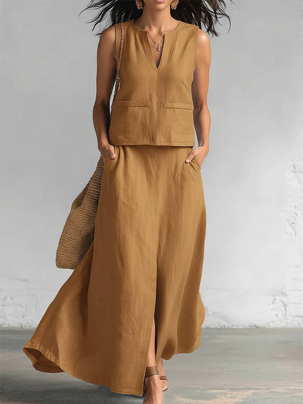 V-Neck Tank Top & Slit Skirt Set