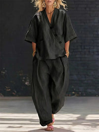 Button V-Neck Shirt & Pants Set