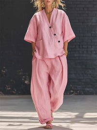 Button V-Neck Shirt & Pants Set