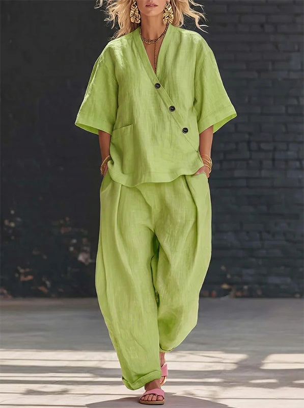 Button V-Neck Shirt & Pants Set
