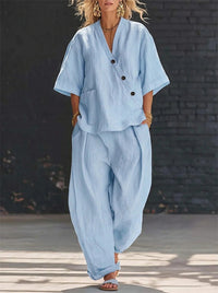 Button V-Neck Shirt & Pants Set