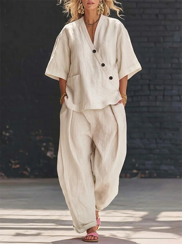 Button V-Neck Shirt & Pants Set