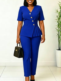 Button V-Neck Blazer & Pants Set