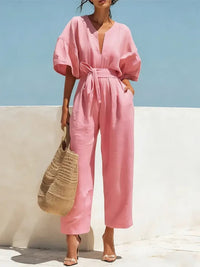 Solid V-Neck Tied Jumpsuit