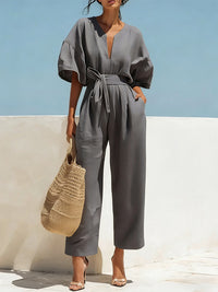 Solid V-Neck Tied Jumpsuit