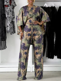 Printed Batwing-Sleeve Top & Pants Set