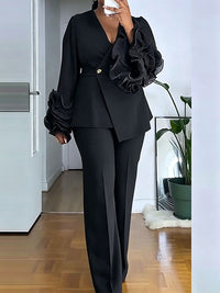 Ruffle-Sleeve Blazer & Pants Set