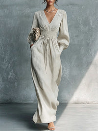 Solid V-Neck Tied Dress