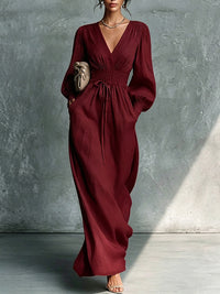 Solid V-Neck Tied Dress