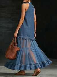 Sheer-Combo Button-Front Sleeveless Dress