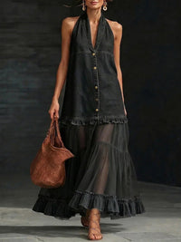 Sheer-Combo Button-Front Sleeveless Dress