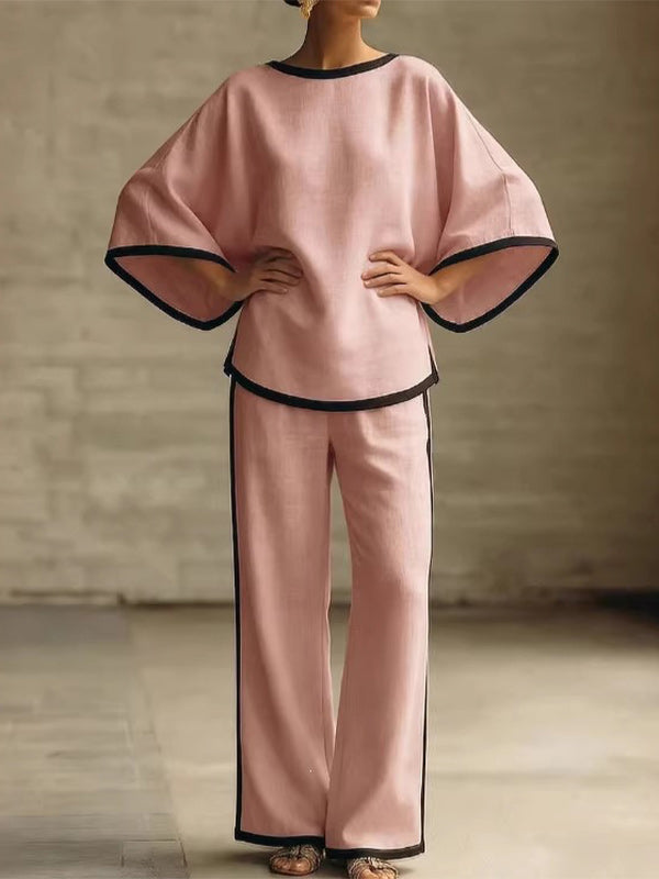 Piping Batwing-Sleeve Top & Pants Set