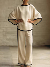 Piping Batwing-Sleeve Top & Pants Set