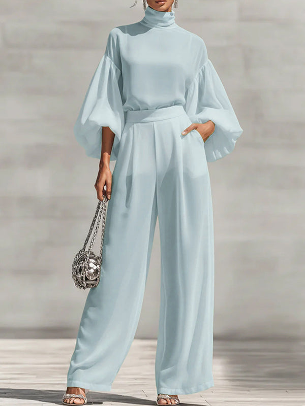Puff-Sleeve Mock-Neck Top & Pants Set